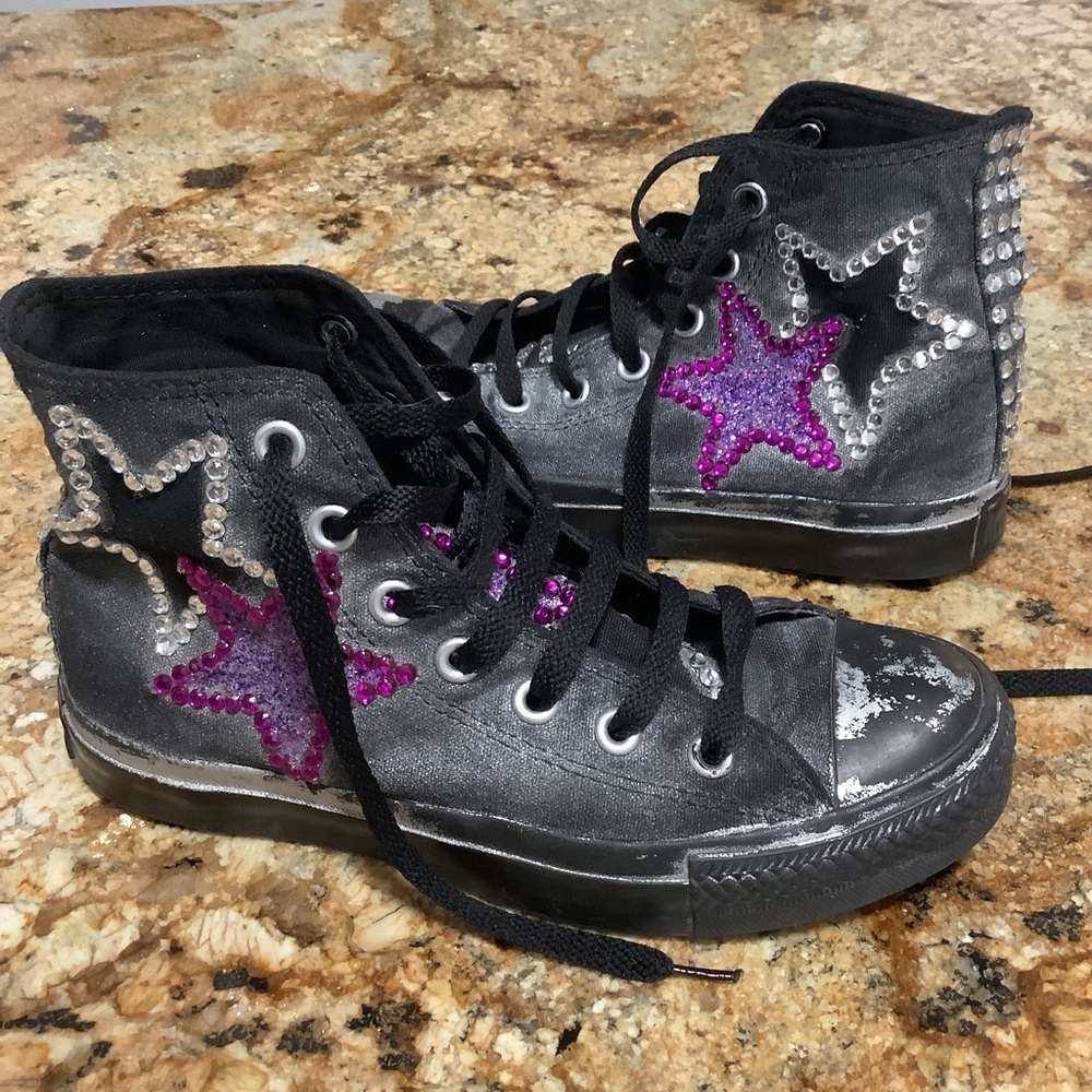 CONVERSE ALL STAR Women’s Black & Silver High Tops Purple Bling Size 6